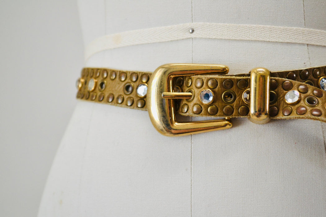 90s 2000s Vintage Gold Rhinestone Belt Brown Leather Gold Rhinestone Belt Small 29" Rhinestone Studded leather Belt