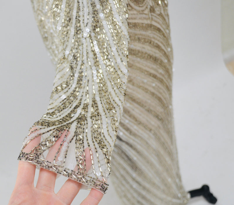 80s 90s Vintage Silver Gold White Cream Beaded Gown Dress Medium Bob Mackie Silk// Vintage Sheer Wedding Gown Beaded Art Deco Medium