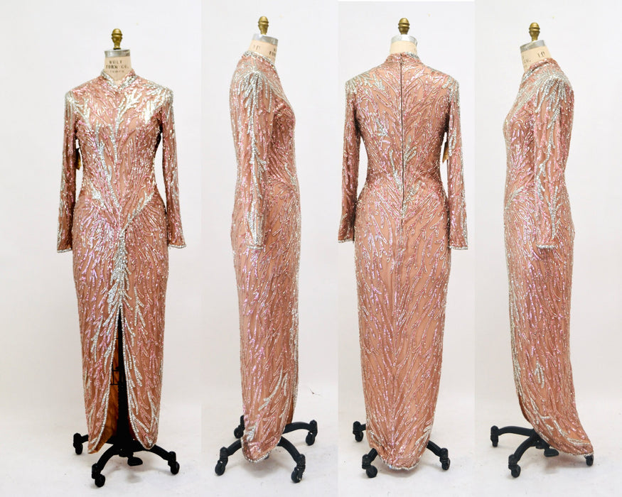80s 90s Bob Mackie Vintage Pink Silver Beaded Sequin Gown Dress Pink Long Sleeve Sequin Gown Cher Sequin Dress XS SMALL Wedding