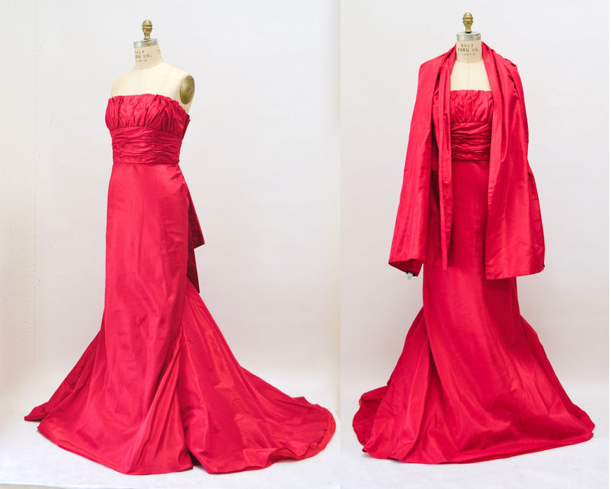 90s 2000s Vintage Strapless Red Silk Gown Dress Evening Ball Gown Small Medium Melinda Eng Strapless Gown Dress Long Red Train Dress