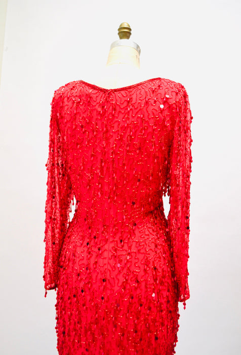 90s Vintage Red Sequin Beaded Fringe Dress Medium Black Tie Oleg Cassini// Vintage Red showgirl Dress Beaded Fringe Dress Medium Large