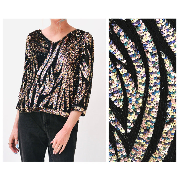 Vintage 80s Metallic Sequin Zebra Shirt Small Medium Black Gold// Vintage 80s Disco Glam Sequin Shirt Gold Black Zebra Stripe Iridescent