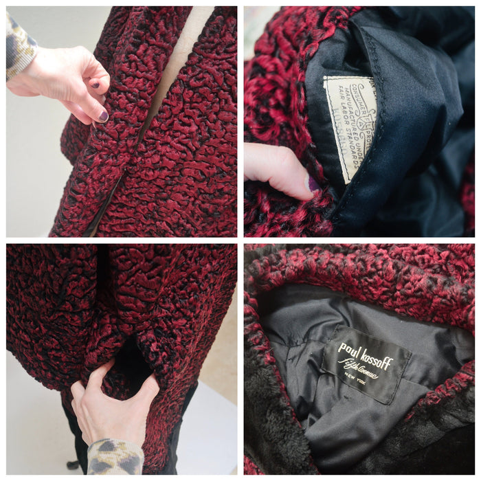 50s 60s Vintage Red Black Persian Lamb and Black Beaver Fur Coat Jacket Red Broadtail Fur Jacket Medium Paul Kossoff Fifth Avenue New york