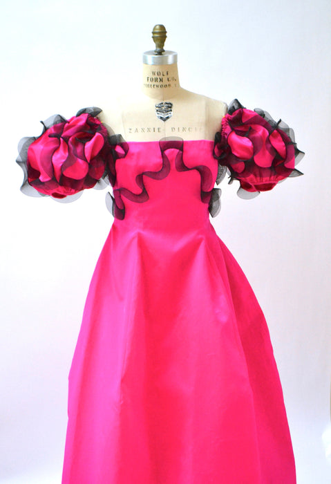 90s Vintage Pink Ball Gown Dress Small Medium By Bill Blass Bergdorf Goodmans Bright Pink Ruffle Gown Dress Off the Shoulder Dress
