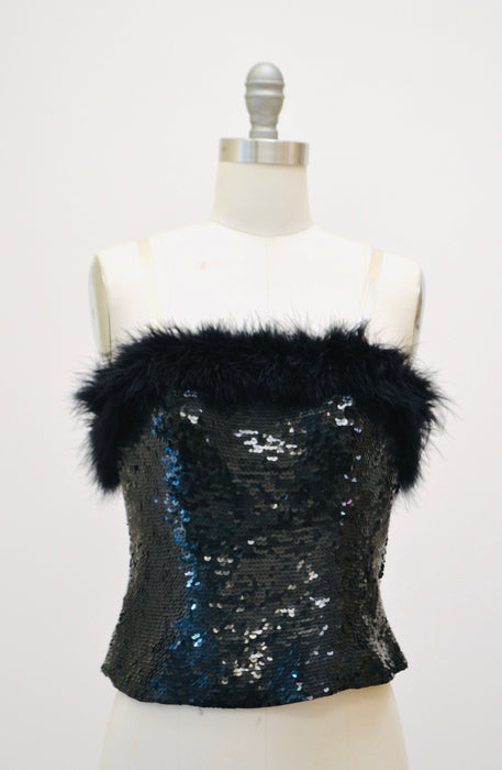 80s 90s Vintage Black Sequin Feather Bustier Top Size XS Small 90s 2000s Sequin feather Strapless top XXS Xs Black Sequin Feather Crop top