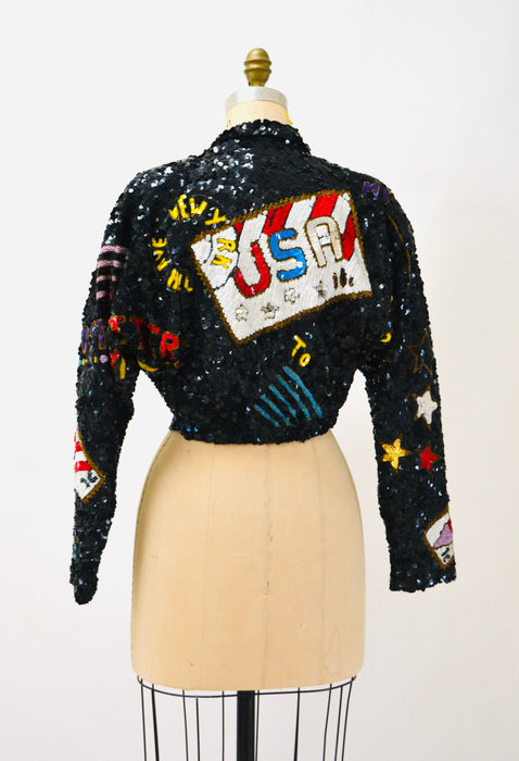 80s 90s Vintage Sequin USA Jacket American Flag USPS Jacket Medium By Modi// Vintage Black Sequin Jacket USA America Olympics Sequin Jacket