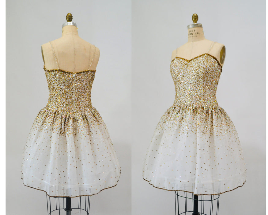 Vintage Off white Silk Sequin Dress Riazee Boutique Lillie Rubin White Gold Silk Beaded and Sequin Dress Cocktail Wedding Dress Naeem Khan