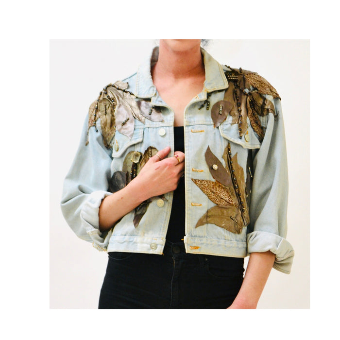 80s Vintage Denim Jacket Leather Rhinestone Medium // 90s 80s  Glam Denim Jean Jacket Womens Beaded Flower Leather Jean Jacket Art to Wear