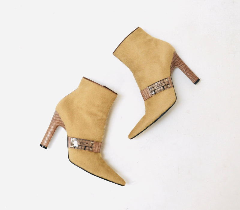 Vintage 90s 00s Pony Hair Leather High Heel Booties 6 1/2 7 By Lagerfeld// Pony Hair high heel Cropped Boots 6 1/2 Camel Tan Made in France