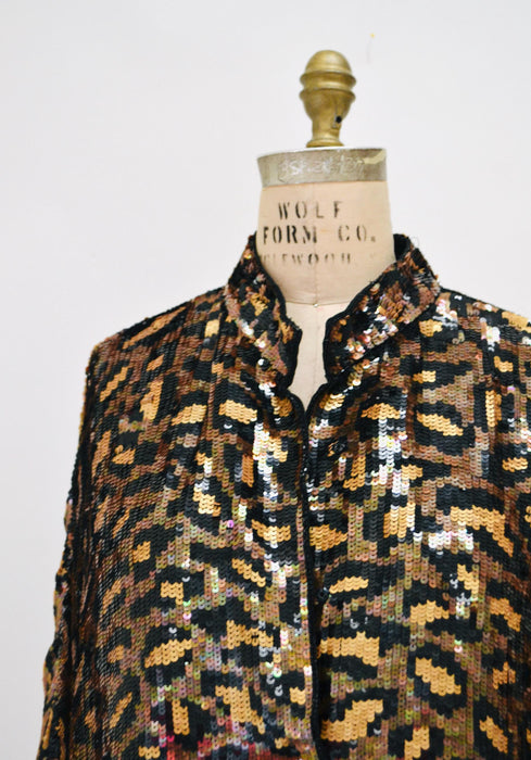 80s 90s Vintage Sequin Jacket Black Small Medium Large Leopard Cheetah Animal Pattern// Glam Vintage Black Sequin Jacket Animal Modi Medium