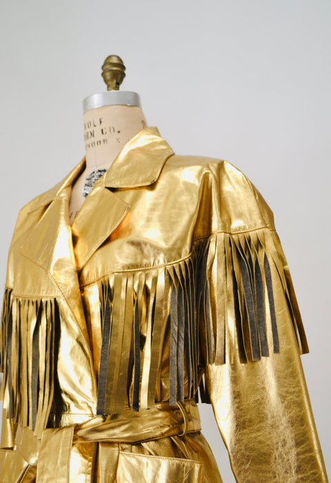 80s 90s Amazing Vintage Gold Fringe Leather Biker Jacket Gold Cowgirl Western Jacket Medium Large// Metallic Gold Leather Moto Jacket Rodeo