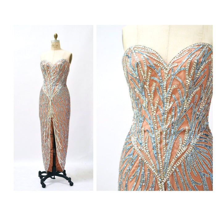 80s 90s Vintage Silver Cream Blue Beaded Sequin Gown Dress Small Medium By Bob Mackie Silk// Vintage Wedding Gown Sequin Strapless Beach