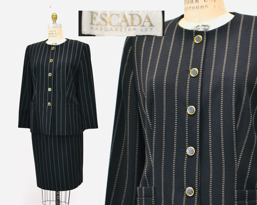Vintage Escada Suit Pinstripe Wool Escada Suit Jacket Skirt Blazer Large Black white Striped Skirt Suit Black Stripe Jacket Medium Large
