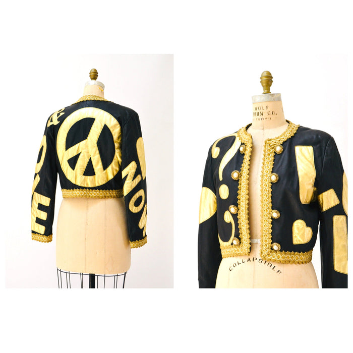 90s Vintage Moschino Peace LOVE NOW Leather Jacket Vintage Black Gold Metallic Leather Heart Jacket by Moschino Leather Medium