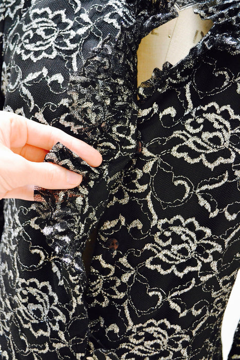 80s Vintage Black Silver Metallic Lace Jacket Blazer Suit by Carolina Herrera Studio Medium Large// 80s Black Lace Jacket Suit Ruffle Jacket