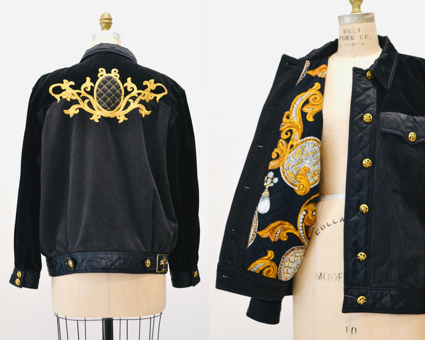 Vintage 80s 90s Black Gold Denim Jacket Quilted Black Jacket By  Laurel Medium Large// Vintage Black Gold Denim Satin Jacket Made in Italy