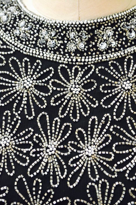 90s 00s Vintage Black Metallic Silver Beaded Sequin Top Shirt Medium Daisies Flowers// Vintage Sequin Beaded Top Medium Flapper Inspired