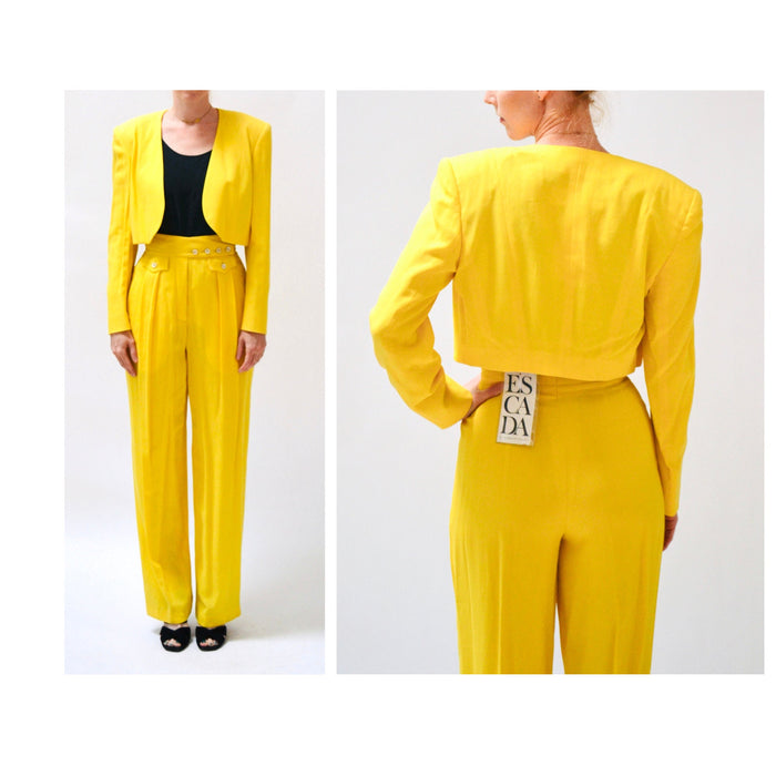 90s Vintage Yellow Suit By ESCADA Medium Yellow Cropped Bolero Jacket and High waisted Pants // Vintage 80s 90s Yellow Pantsuit Suit Medium