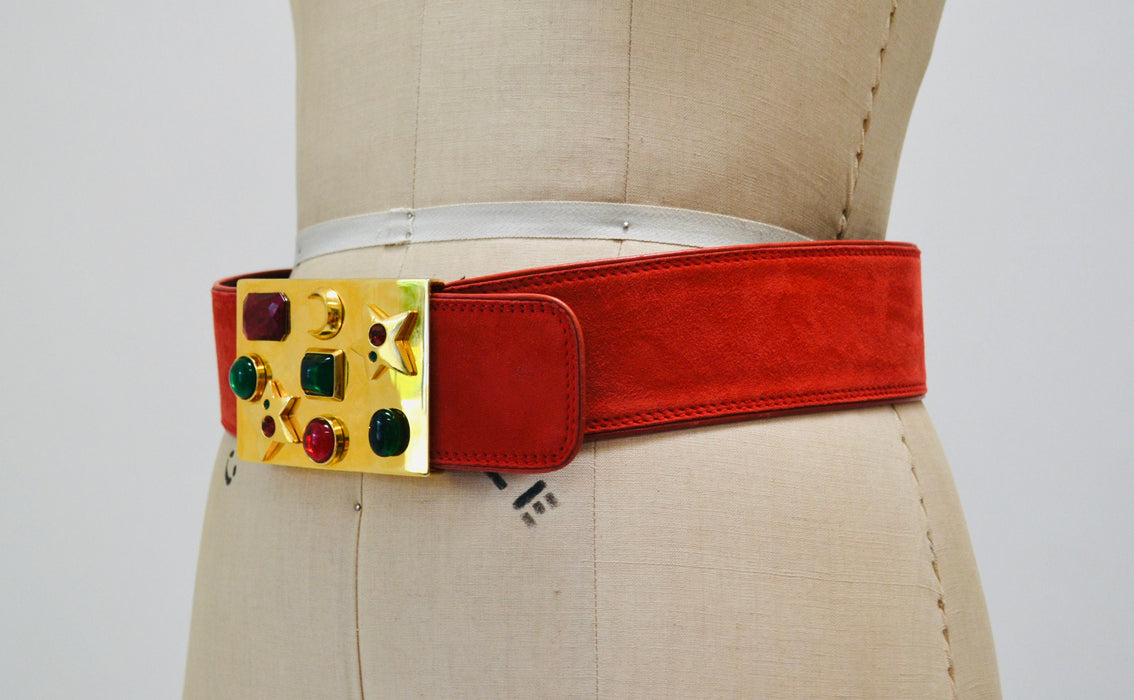 80s 90s Vintage ESCADA Red Gold Gemstone Belt Metallic Wide red Leather Belt size 42 Medium Large 80s Glam Wide Red Gold Belt