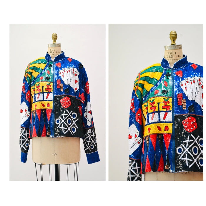 80s 90s Vintage Las Vegas Casino Sequin Jacket Large by JUST FABULOUS Cards Slot Machine Poker Las Vegas Pop Art Beaded Sequin Jacket Large