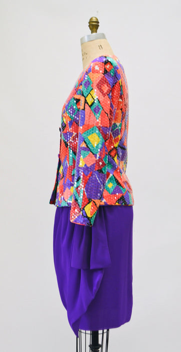 80s 90s Vintage Sequin Jacket Suit and Skirt By Lillie Rubin Abstract Rainbow Print Sequin Suit Medium large 80s Power Suit Sequin Jacket