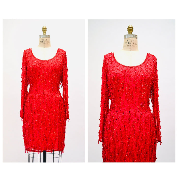 90s Vintage Red Sequin Beaded Fringe Dress Medium Black Tie Oleg Cassini// Vintage Red showgirl Dress Beaded Fringe Dress Medium Large
