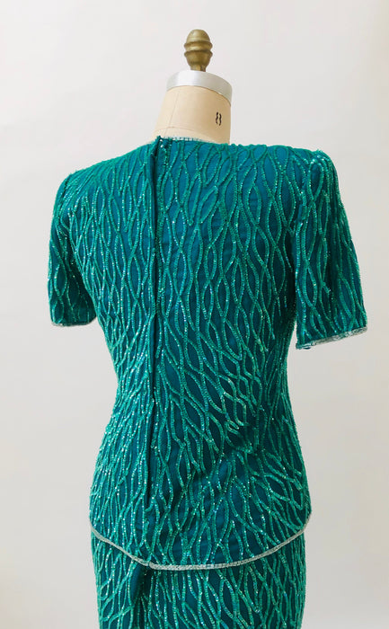 80s 90s Vintage Sequin Top Skirt Dress Set Medium 80s 90s Glam Skirt Top Dress  Blue Green Teal  90s Party Dynasty Flapper Costume