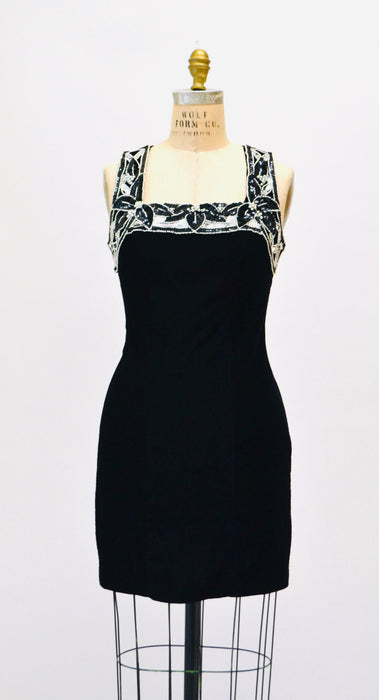 90s Vintage Prom Party Dress Black velvet Dress Silver Sequins XS Small // 90s Velvet Tank Dress Black Silver Sequin Body con dress XS