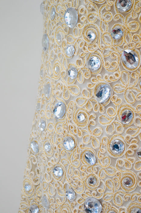 60s 70s Vintage Metallic Cream Lace Rhinestone Dress Small Medium// 60s 70s Vintage White Silver Gold Lace Party Wedding Rhinestone Dress