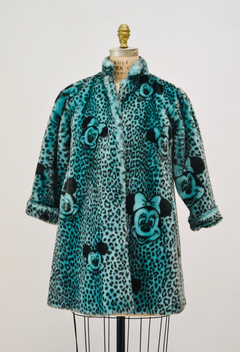 80s 90s Vintage Disney Mickey Mouse Faux Fur Jacket Coat Disney Tokyo Japan Blue Green Print Faux Fur Coat Apparence Paris XS SMall