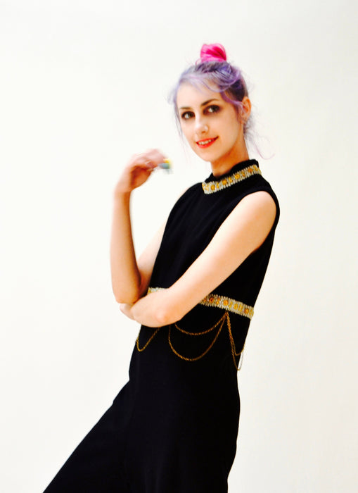 70s Vintage Black Jumpsuit Medium Large Metallic Gold Knit By Ricky Ann// 70s Vintage Jumpsuit Pantsuit Black Metallic Chain Trim