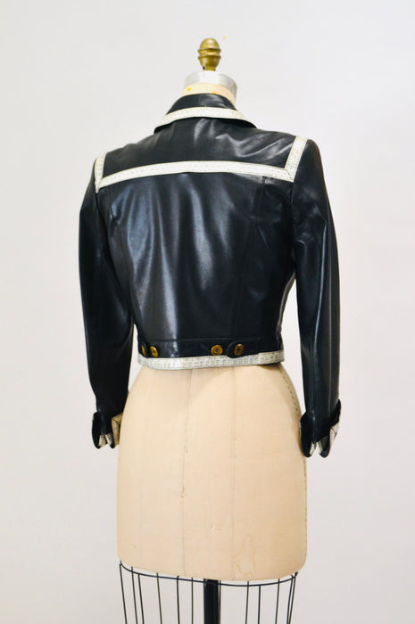 90s Vintage Black Leather Jacket by Moschino Leather Small Made in Italy// 90s Black Leather Jacket Tape Measure Trim Designer Seamstress