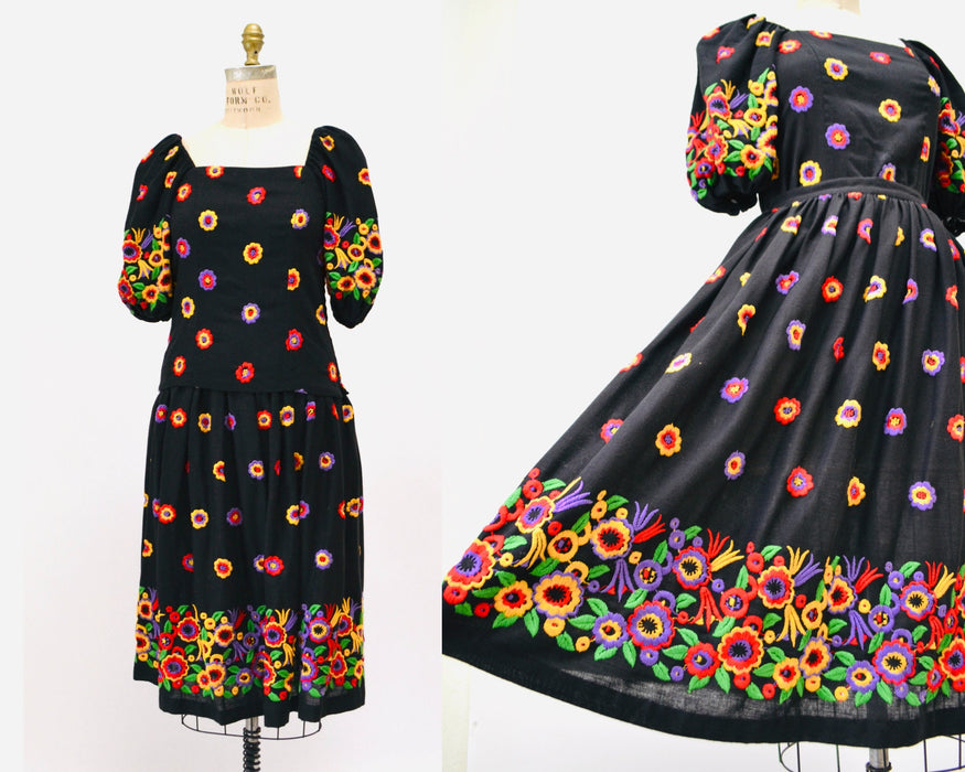 70s 80s Vintage Embroidered Boho Shirt Skirt Dress Set Small Black Cotton Floral Boho Shirt Skirt Embroidered Floral Dress Sara Fredericks