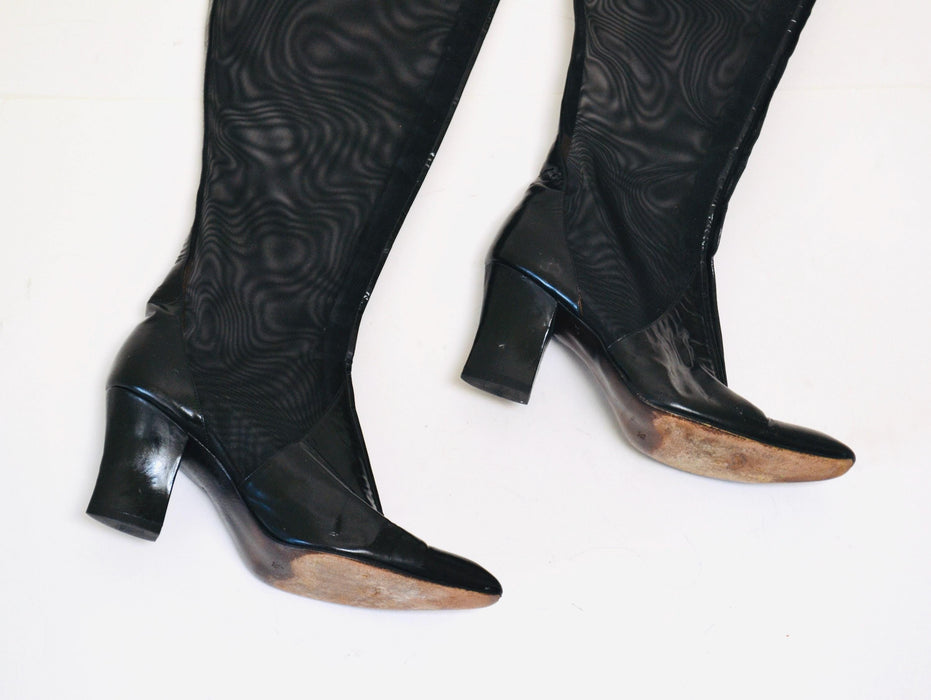 1970s 80s Vintage Knee High Boots Size 38 7  7 1/2 Ombeline Maud Frizon Black Mesh and Leather Boots High Heel Knee High Black Leather Boots