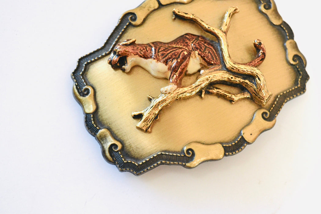 70s 80s Vintage Brass Cheetah Leopard Belt Buckle Metallic Big Cat Belt Buckle Large Cat Brass Gold Cheetah Belt Buckle by Raintree Buckle