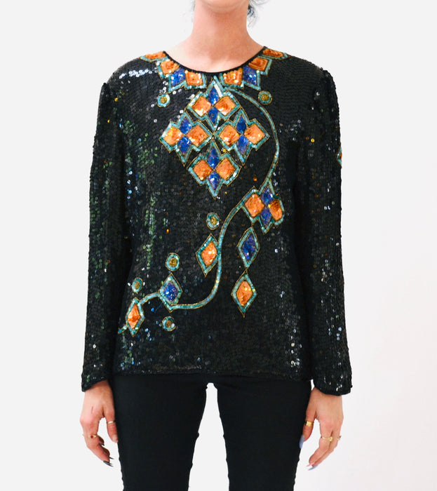 Vintage Metallic Black Sequin Shirt Art Deco Flapper Disco Medium Large// Vintage Black Sequin Shirt Top Long Sleeves Scala 80s 90s Party