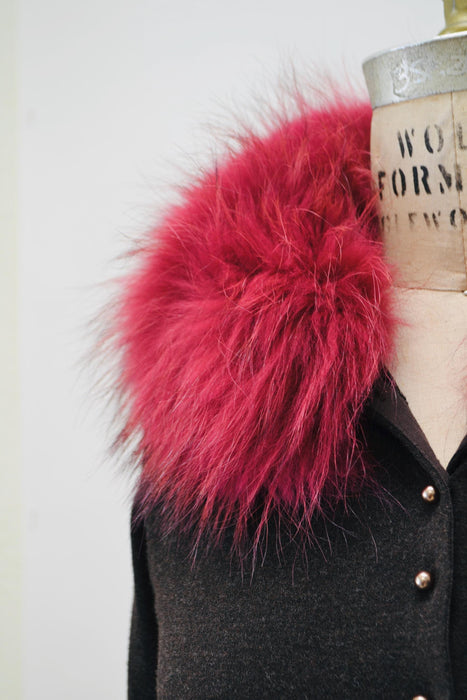 Vintage Y2K Fox Fur Collar Cardigan Sweater Red Brown Sweater Cardigan Top Small Y2k Brown Wool Cardigan Sweater Fox Fur collar Sweater top