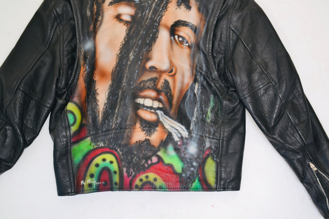 90s Vintage Black Leather Jacket with Bob Marley //Vintage Leather Jacket LA Roxx Bob Marley Reggae Music Air Brushed Painted Leather Jacket
