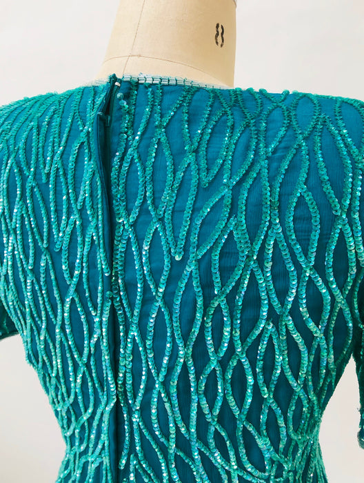 80s 90s Vintage Sequin Top Skirt Dress Set Medium 80s 90s Glam Skirt Top Dress  Blue Green Teal  90s Party Dynasty Flapper Costume