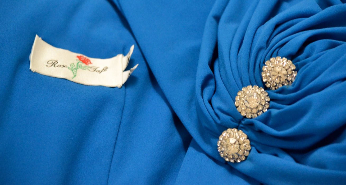 Vintage Draped Goddess Dress Gown Large XL Cobalt Blue By Rose Taft//  Vintage Blue Evening Gown Dress Asymmetrical Long Sleeves Bright Blue