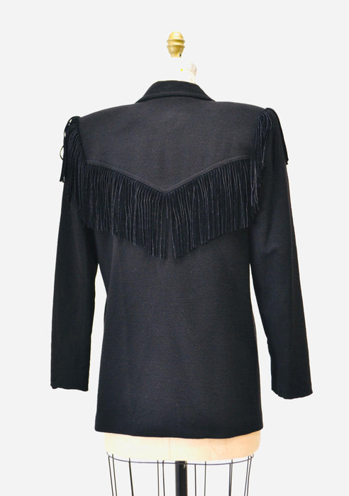 80s 90s Vintage Black Fringe Wool Jacket Blazer Medium// 80s Black Fringe Western Rockstar Black Blazer Jacket Cowgirl Criscione