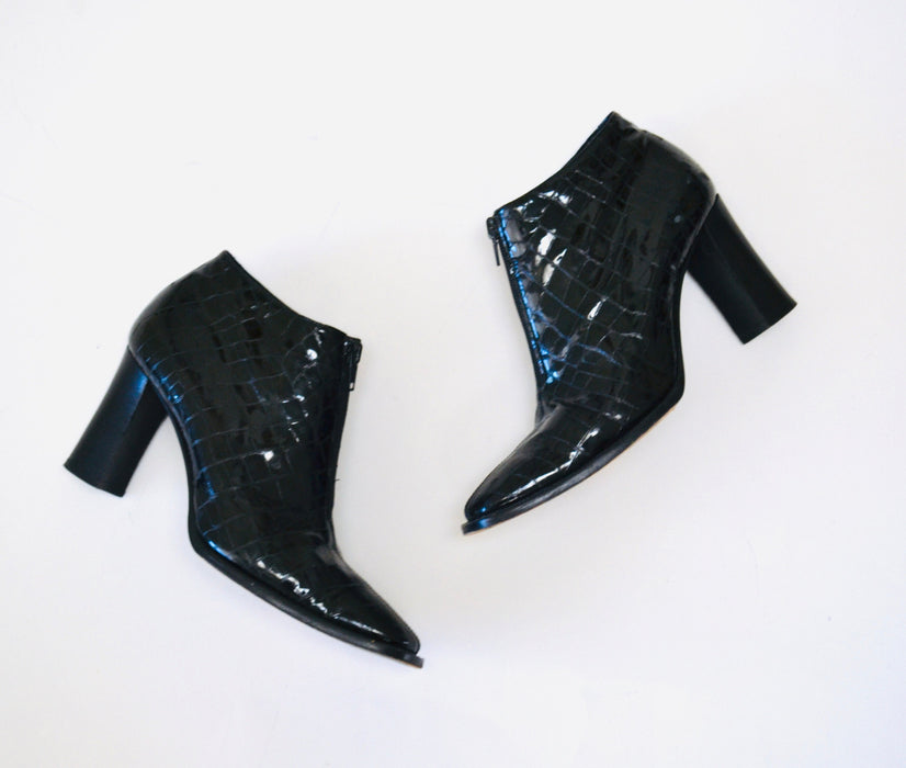 90s 00s Black Patent Leather Cropped High heel Boots 37 1/2 7 1/2 by Omari Made in Italy Cropped Reptile Patent Leather Booties Size 37 1/2