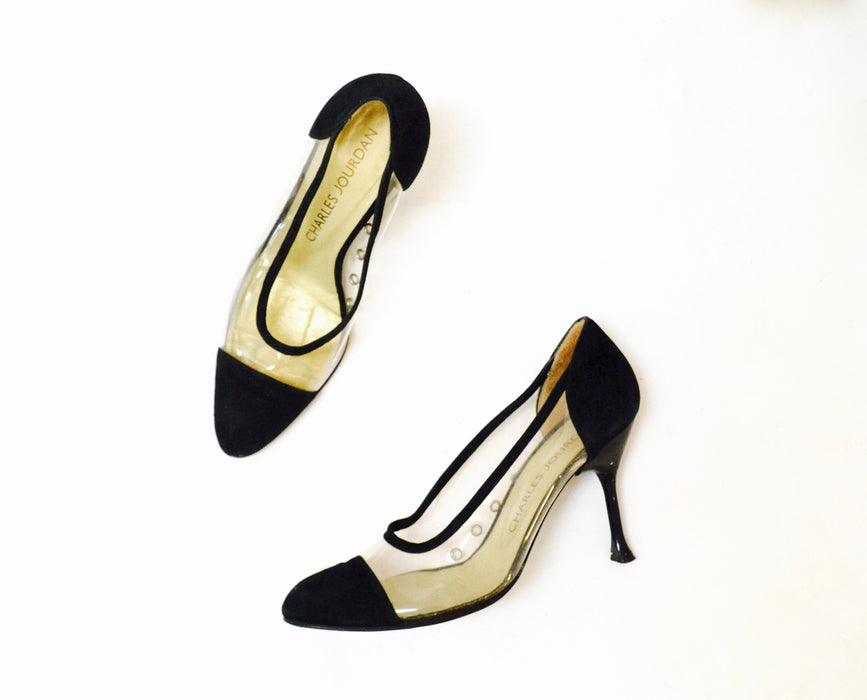 80s Vintage High Heels Size 5 1/2 Black Sheer High Heel Pumps by Charles Jourdan Made in Spain Size 5 1/2 Black Pumps