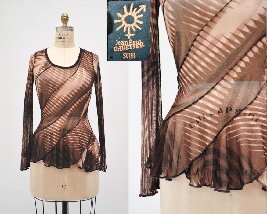 2000s Jean Paul Gaultier Soleil Mesh Shirt long sleeve Sheer op-art top Mesh Sheer Shirt Fashion top Jean Paul Gaultier Brown Tan Stripe