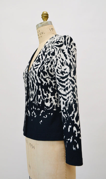 2000s y2k Vintage St. John Collection Zebra Pattern Sweater Cardigan Black and White Animal Zebra Pattern Cardigan Small Medium