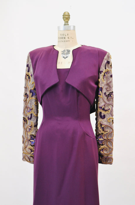 90s Vintage Silk Beaded Sequin Metallic Jacket and Strapless Dress by Raoul Arango Purple Wine Cocktail Dress Sequin Bolero Jacket Medium