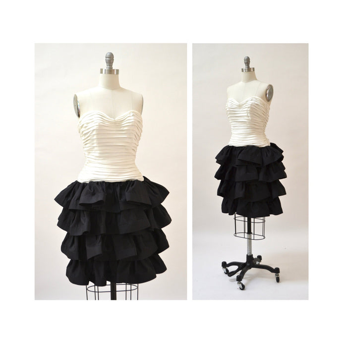 Vintage 90s Party Prom Dress XXS XS Small Black and White Strapless Ruffle Party Dress By Tadashi// 90s  Vintage Black Tie PageantDress