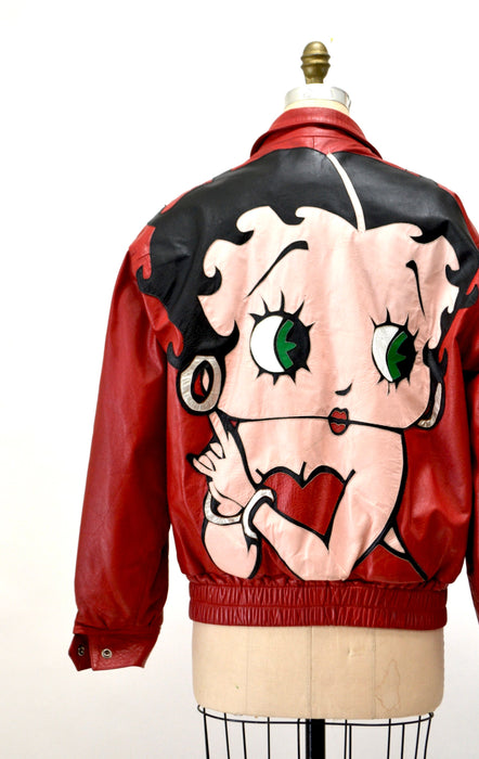 80s 90s Vintage Red Leather Jacket with Betty Boop Jacket// 90s 80s Red Leather Biker Jacket Betty Boop Comic Cartoon Small Medium Maziar