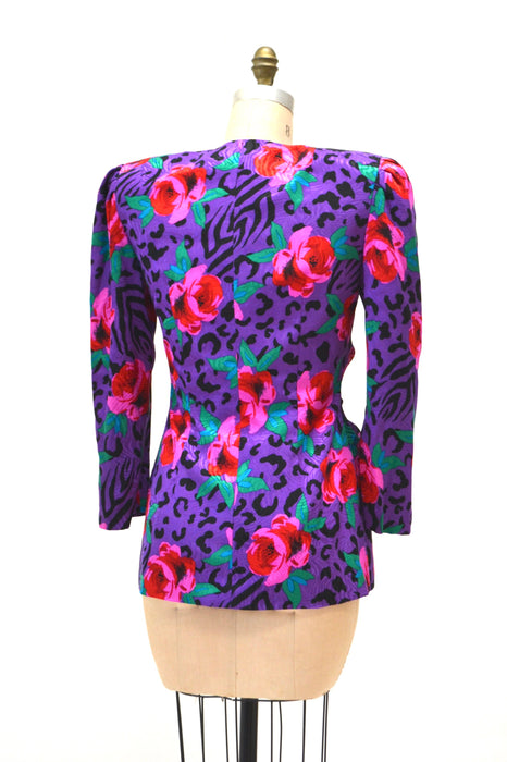 80s 90s Silk Animal Print Floral Print Shirt Purple Pink 80s 90s glam Silk Jacket Shirt Blouse Small Medium Floral Zebra Animal Print Blazer