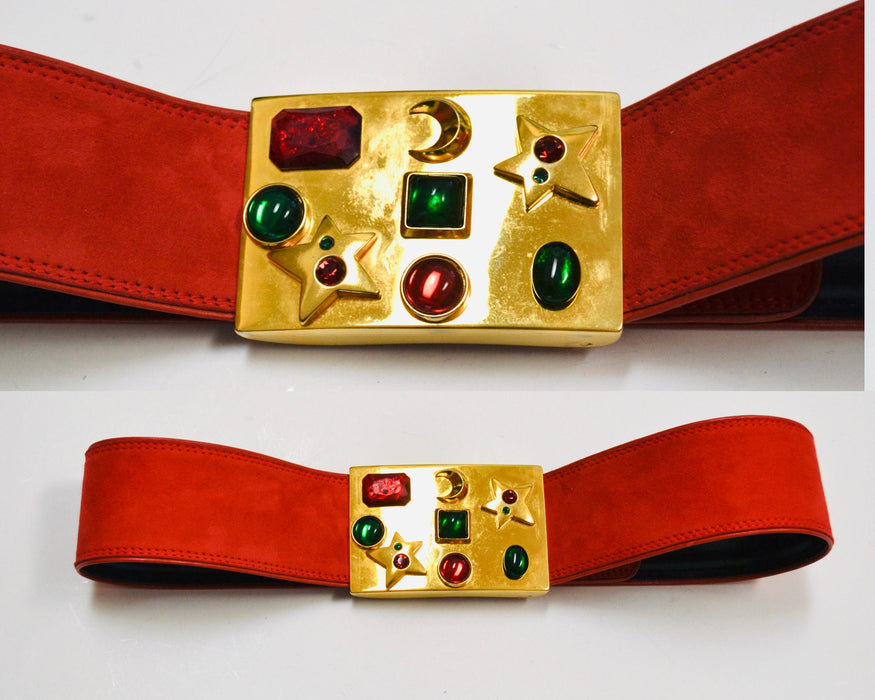 80s 90s Vintage ESCADA Red Gold Gemstone Belt Metallic Wide red Leather Belt size 42 Medium Large 80s Glam Wide Red Gold Belt